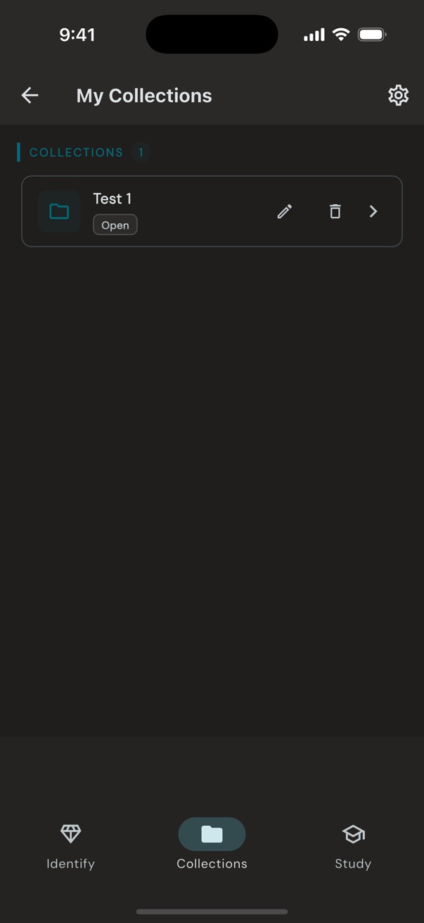 GemID My Collections screen showing a collection with edit and delete controls