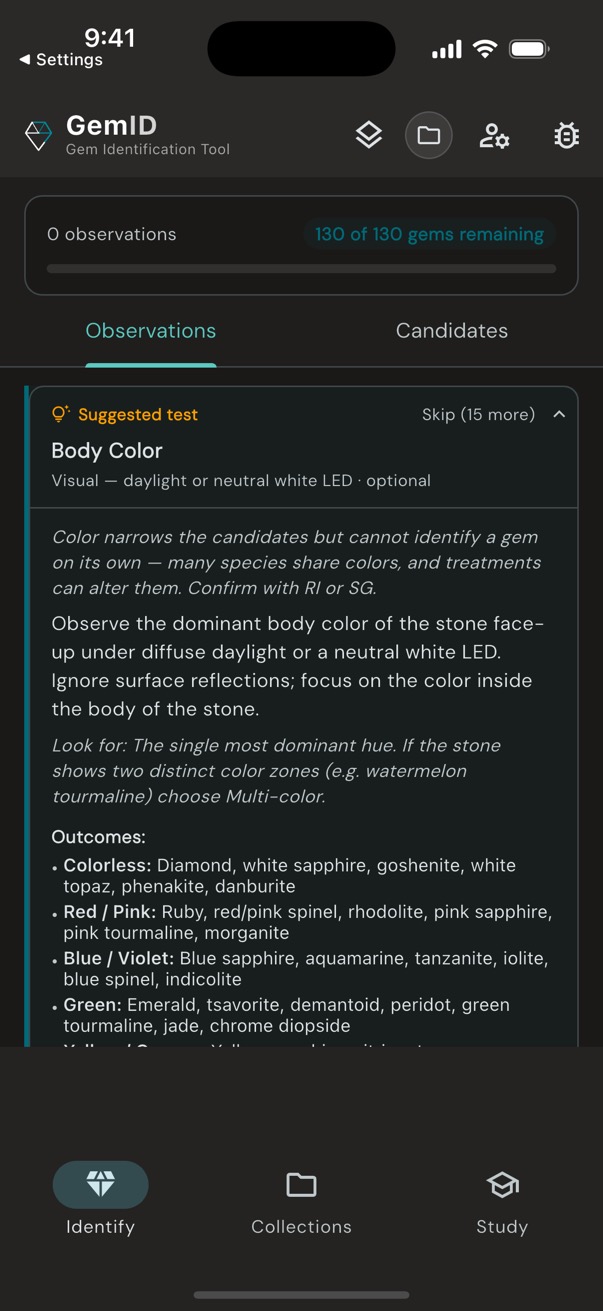 GemID help text for Body Color showing expected outcomes for each color category