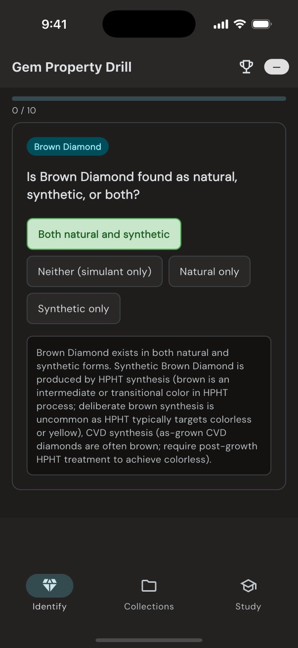 GemID drill card after answering, showing correct answer highlighted in green with detailed explanation