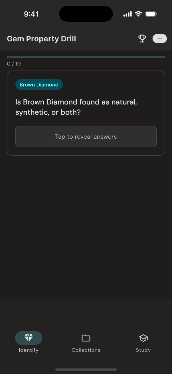GemID drill card showing a gem property question with Tap to reveal answers button