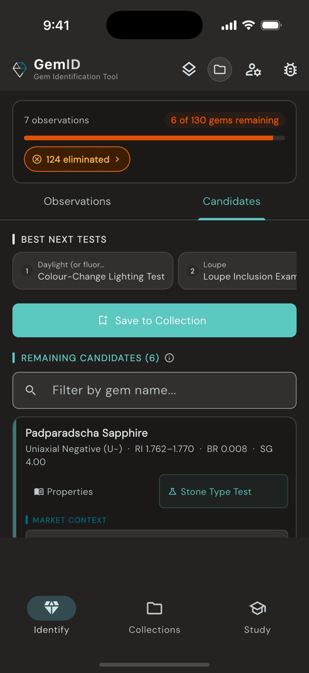 GemID candidates tab showing Padparadscha Sapphire with properties, next test suggestions, and save button