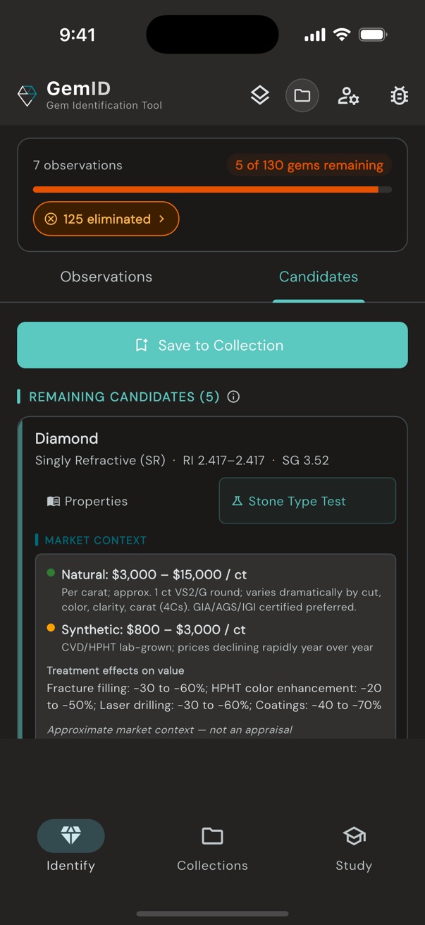 GemID diamond identification showing market context with natural and synthetic pricing