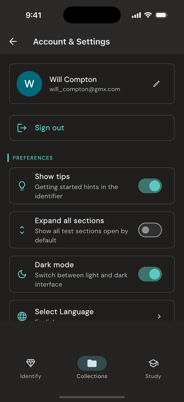 GemID settings screen showing profile, preferences, dark mode, and language selection