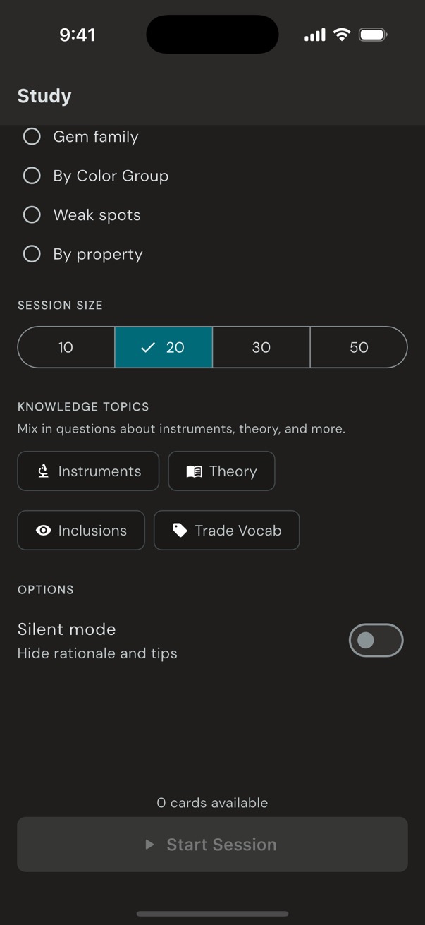 GemID study configuration showing session size, knowledge topics, and silent mode