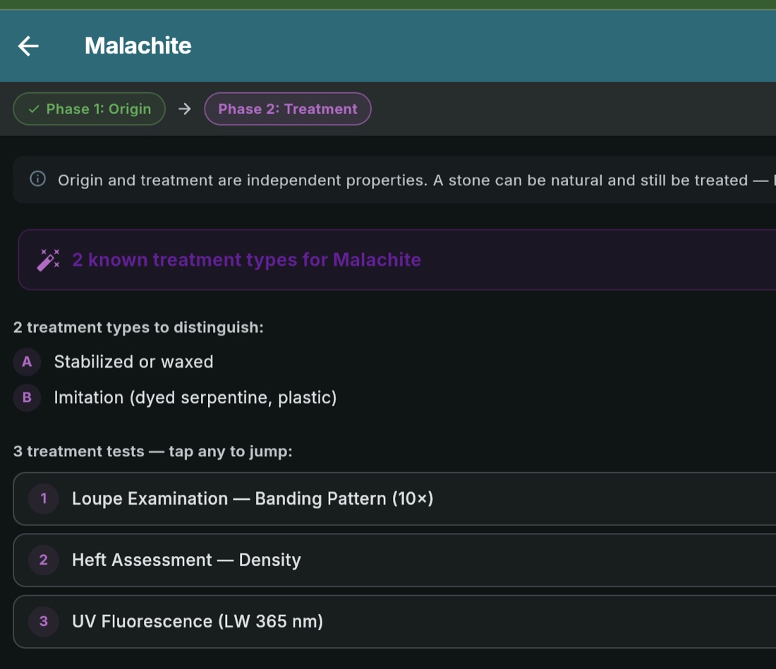 GemID Phase 2 Treatment detection for Malachite showing treatment types and diagnostic tests