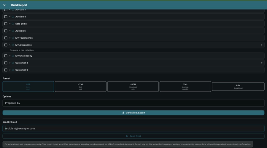 GemID report builder showing format selection (PDF, HTML, JSON, XML, CSV), prepared-by field, generate button, and email option