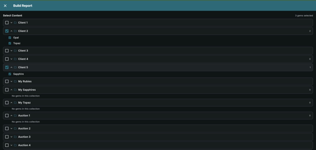 GemID report builder session selection showing collections with checkboxes to select stones