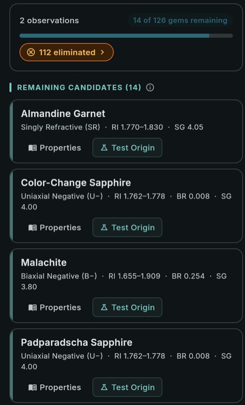 GemID results panel showing remaining candidates