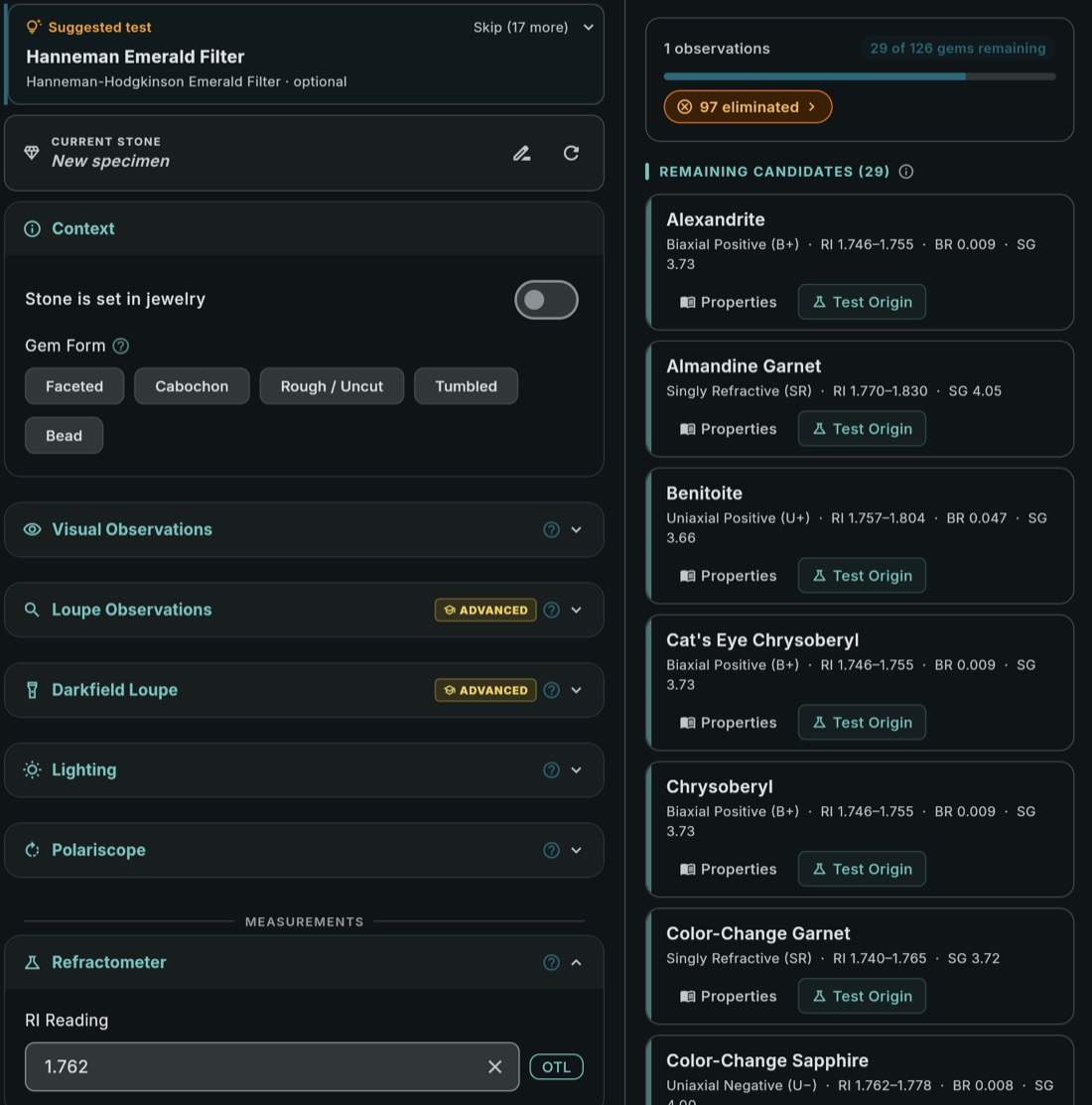 GemID filtering candidates by refractive index
