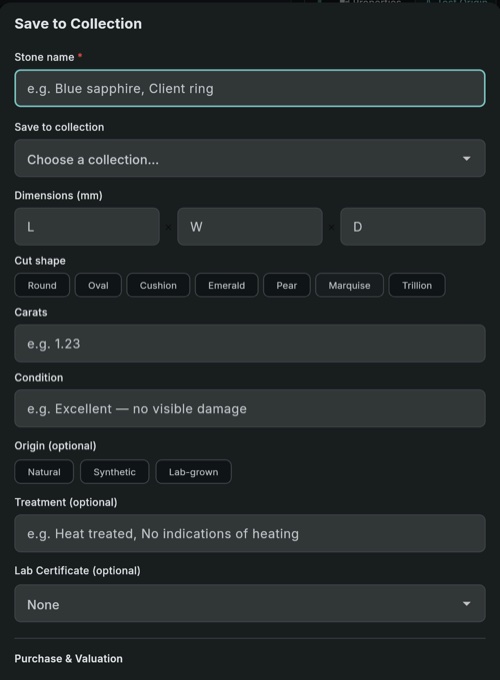 GemID save dialog showing stone name, collection, dimensions, cut shape, carats, origin, treatment, and lab certificate fields